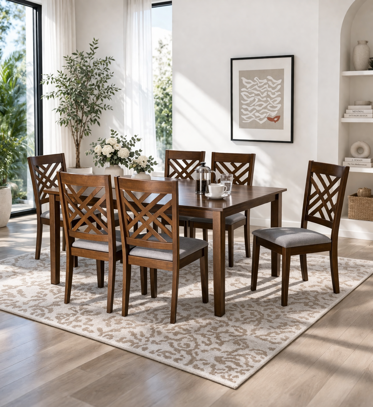 Brown Dining Room Beech Wood with 7 pieces