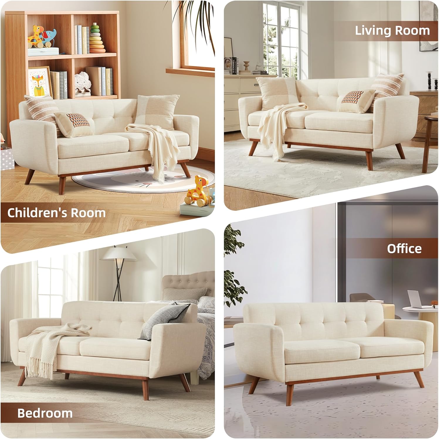Beech Wood and linen fabric Sofa - Brown with Off White - Image 2