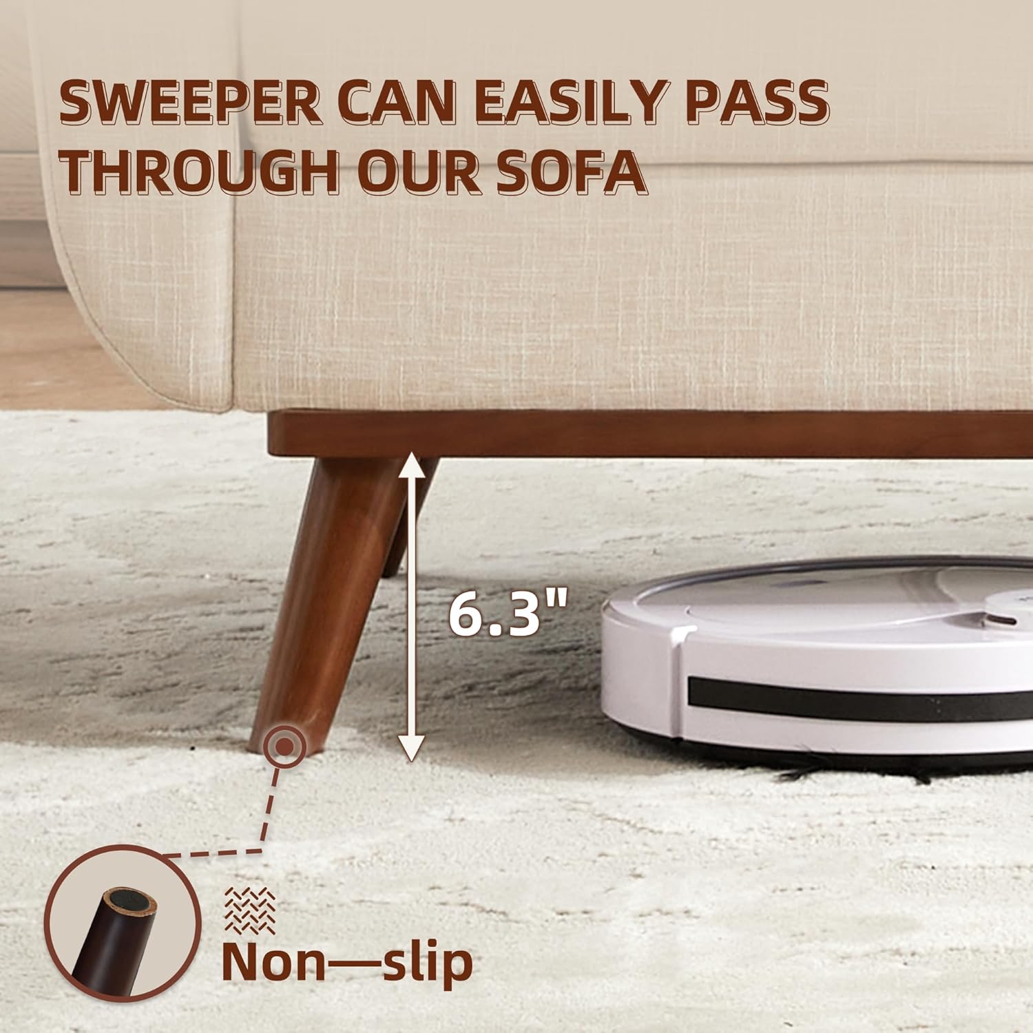 Beech Wood and linen fabric Sofa - Brown with Off White - Image 4