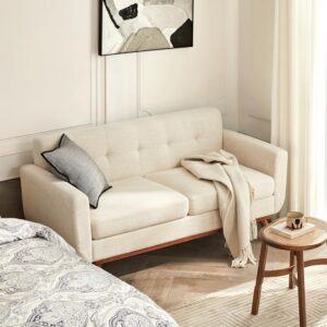 Beech Wood and linen fabric Sofa - Brown with Off White