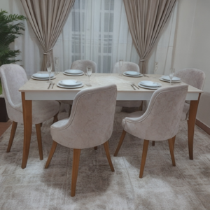 Beige Dining Table Beech Wood with 7 pieces