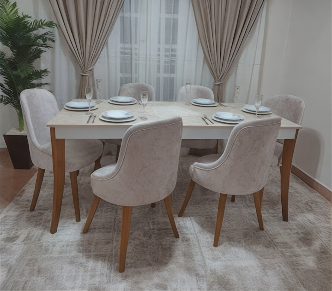 Beige Dining Table Beech Wood with 7 pieces