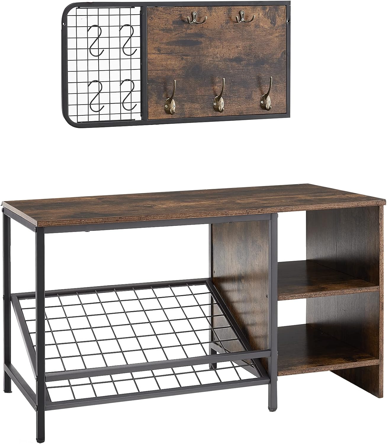 Shoe Bench Storage Organizer with Coat Hooks - Brown - Image 3