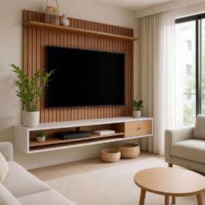 Hanging TV table - MDF - white and Beige