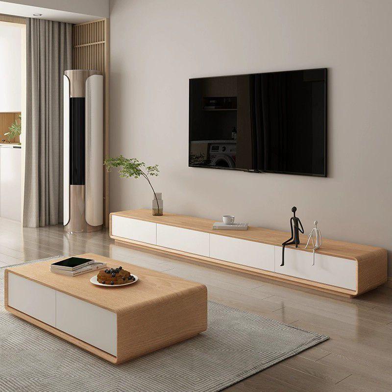 TV table and middle table - wood counter and natural oak veneer - white and beige