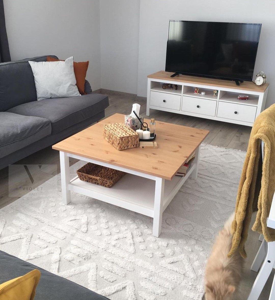 A TV table and a center table made of natural wood, white and wooden