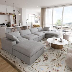 Beech wood and Linen fabric Sofa and 2 Poufs - Grey