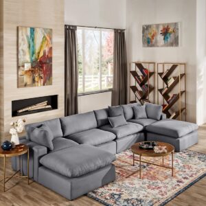 Beech Wood and Linen 4 Seater Sofa and 2 Poufs - Gary