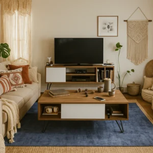 Hanging TV table and middle table - MDF - Brown and whiet